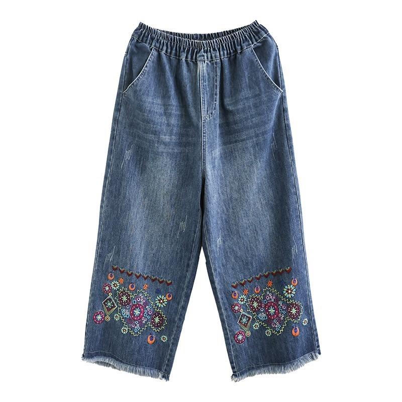 Johnature Kvinner Høstbroderi Blomster Denim Bukser med brede ben Elastisk midje Blå Løs bukse Kvinner ankellange bukser