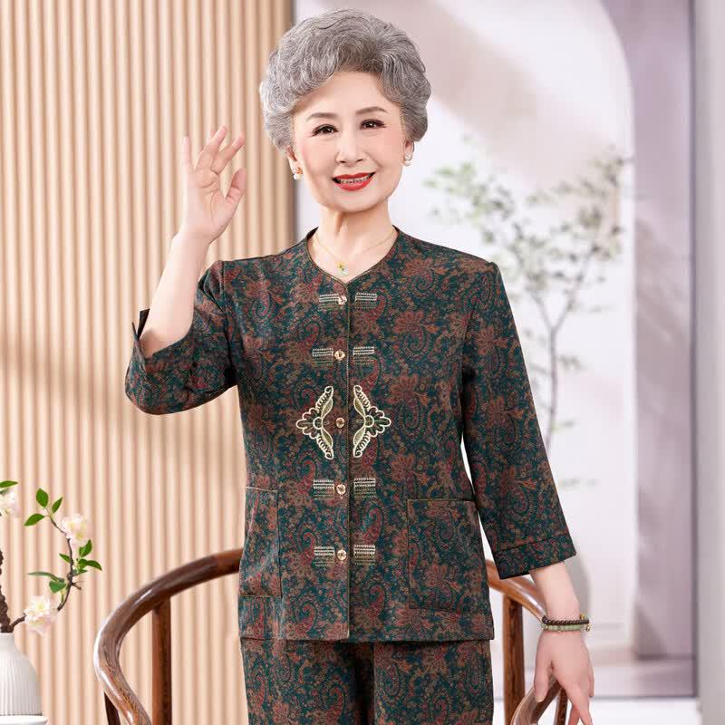 Elderly Women's Summer Short Sleeve Cotton Silk Loungewear Set