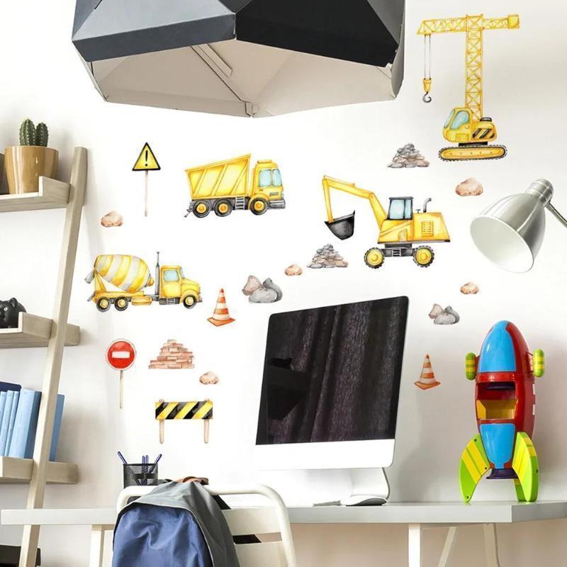 Cartoon Engineering Vehicle Pattern Wall Sticker Boy Kids Room Background Decoration Mural Home Decor Self Adhesive Wallpaper