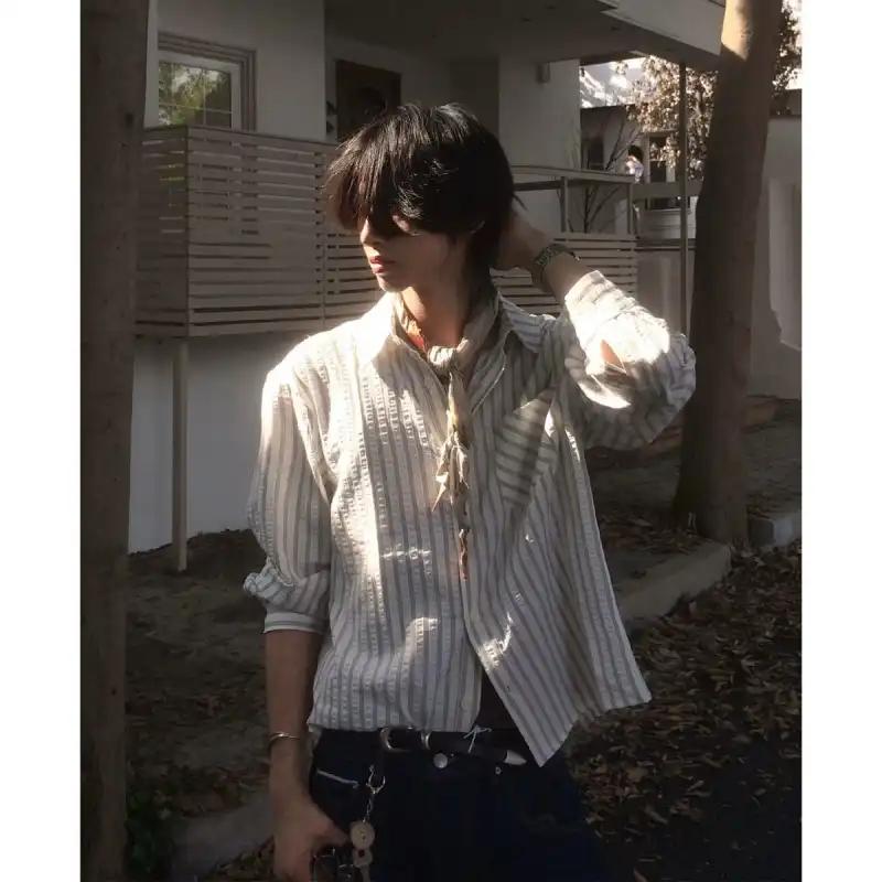 American Seersucker Long Sleeve Jacket Men s Autumn Shirt Striped Top L белый