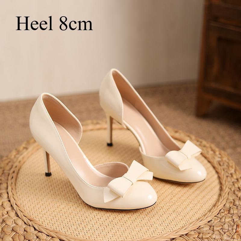 Women's Nude Side-opening High Heels with Stilettos, Beautiful and Elegant Patent Leather Bow Round-toed Single Shoes