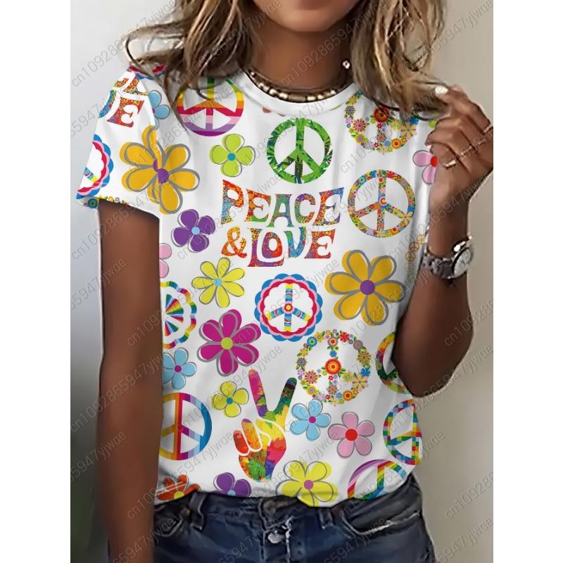 

Summer Womens Short Sleeve Graphic peace love Print Floral T-Shirt Girl Round Neck Tee Outdoor Sports Adult Women s T-Shirt S