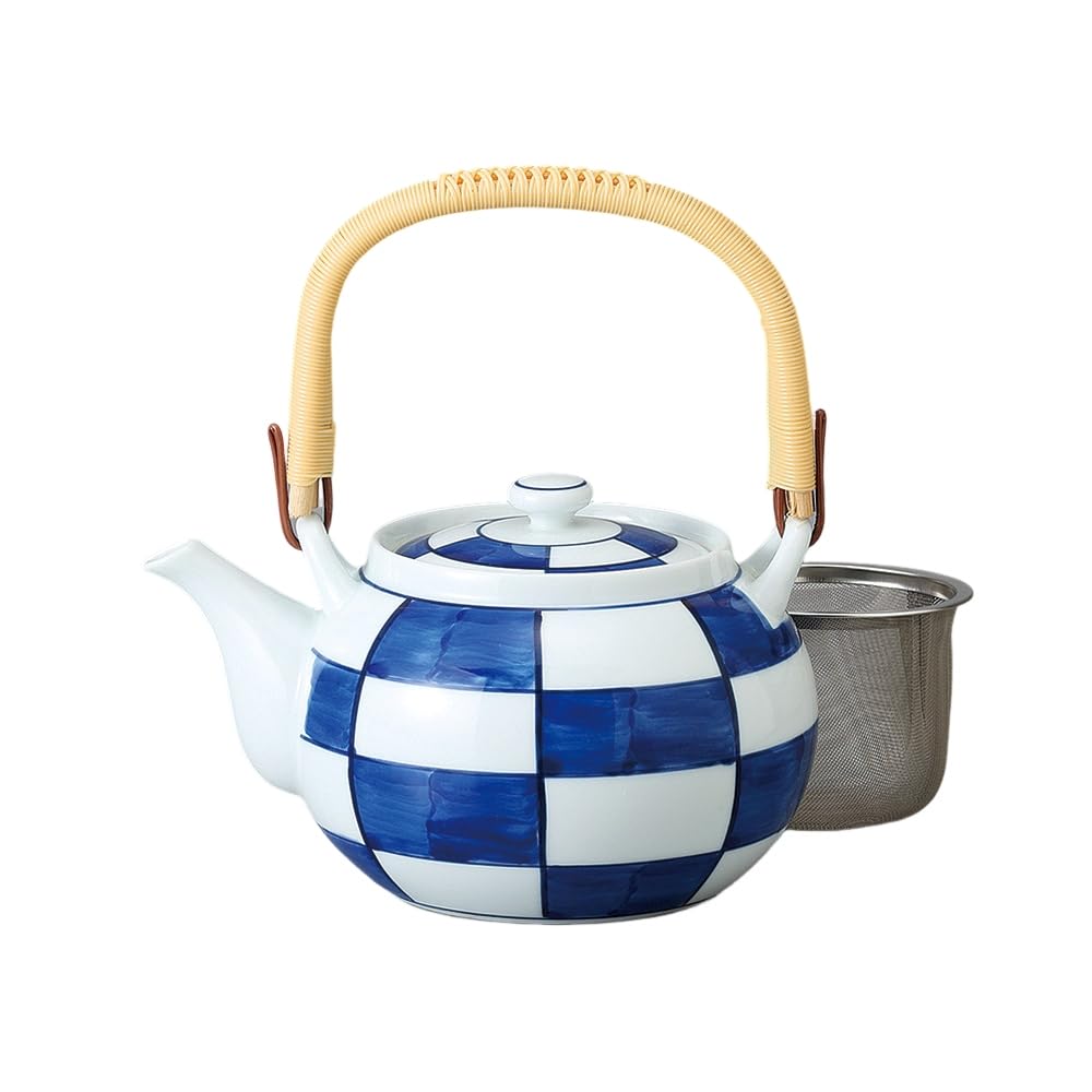 800cc Arita Ware Teapot Steel with with Dark Checkered Pattern and Size Made in Stylish Ale-net (Stainless Strainer) Basket, 6, Porcelain, Japan,