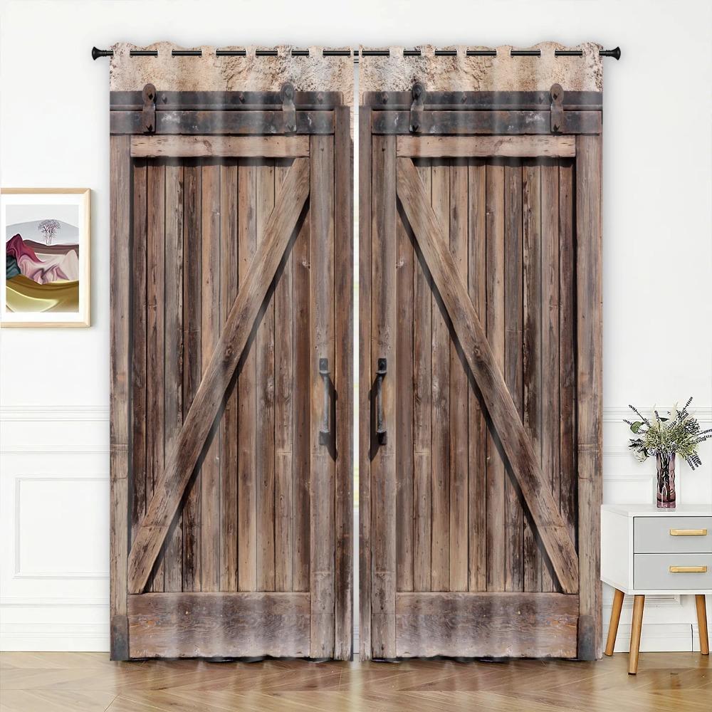 Retro Wooden Door Texture Vintage Barn for Bedchamber Livingroom Space Kitchen Windowpane Drape Contemporary Household Space Decoration 2 Panels