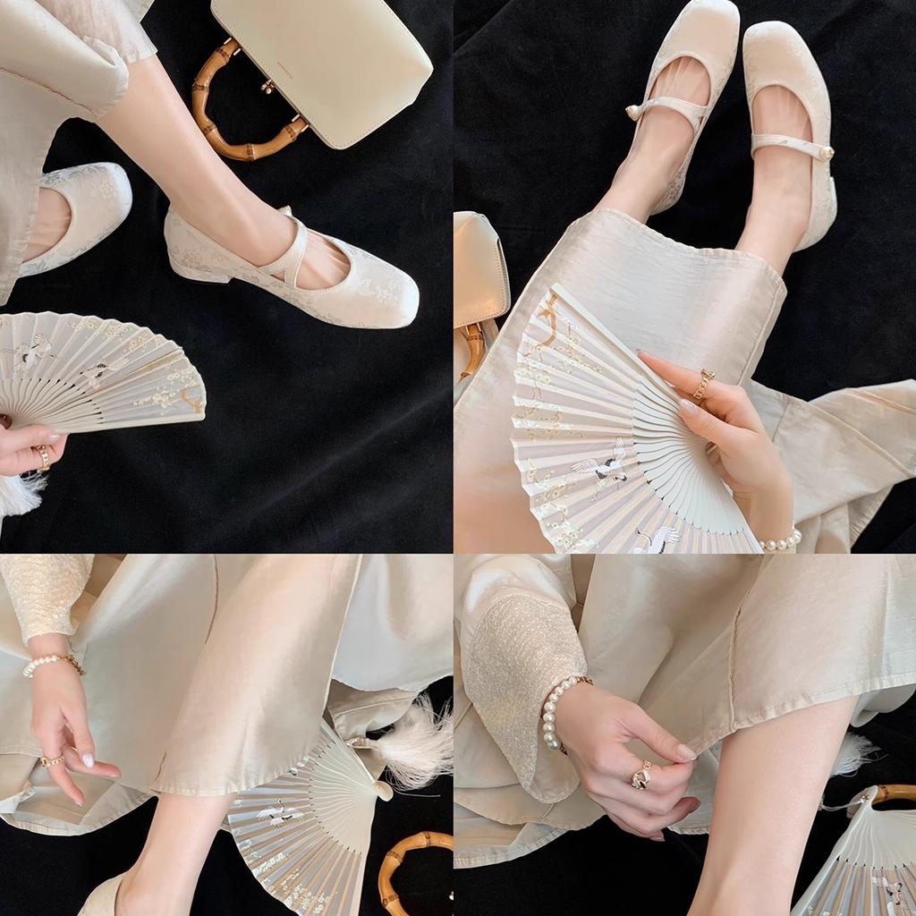 Sheepskin Version of Grape Mother, the Same Tuberose National Style New Chinese Pearl with Square Head Jacquard Mary Jane Single Shoes