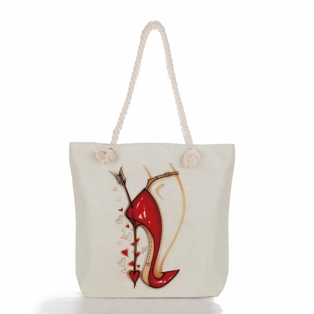 Multifunctional Coffee-colored Girl Printed Thick Rope Shoulder Beach Bag Casual Large Capacity Handbag 0107