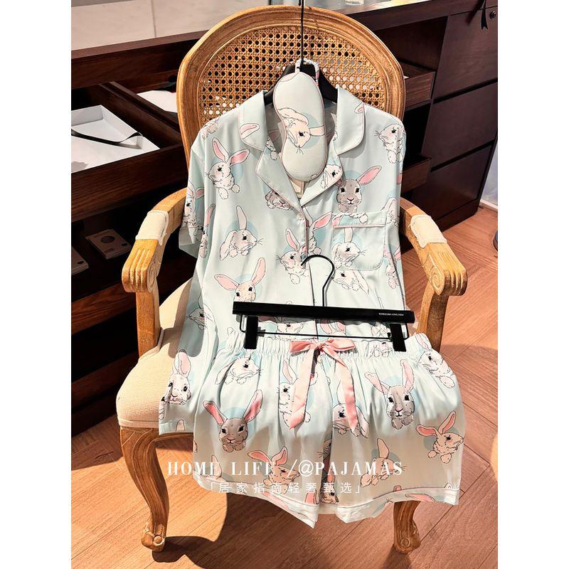 

French Export Order D Home Big Ears Rabbit Ice Silk Satin Surface Pajamas Women New Long Short Sleeve Home Wear Set Short-sleeved shorts L