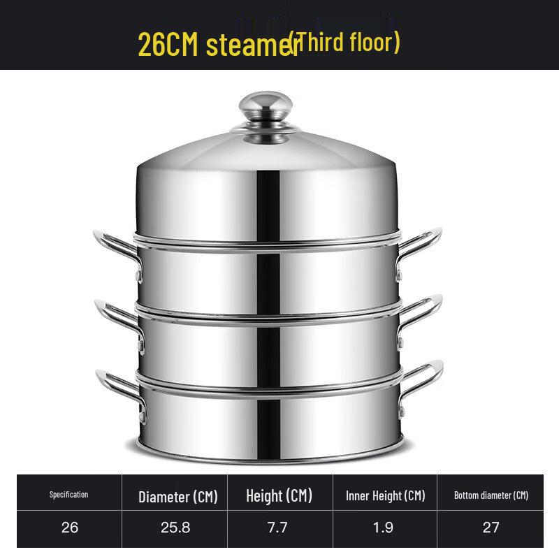 Xihe 26cm Stainless Steel 3-Tier Steamer with Lid