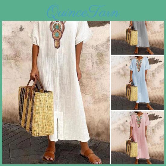 Dress Embroidered Maxi Women Bohemian V Neck Short Sleeves Embroidery Daily Wear Split Ankle Length Lady Dress Women Clothes