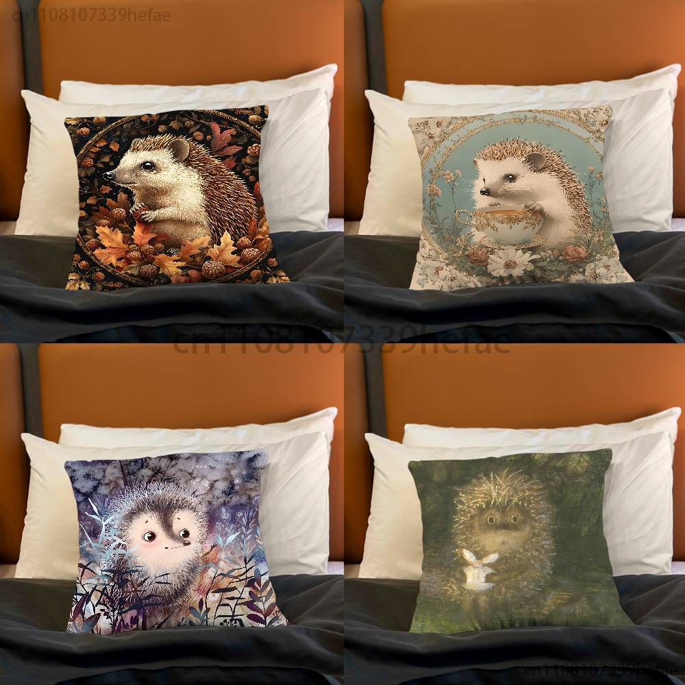 Retro Vintage Hedgehog Print Polyester Pillow Case for Valentine gift Home Sofa Cushion Cover Decoration Custom