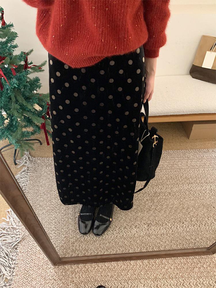 Petite Polka Dot Velvet Midi Skirt: Thickened, High-Waisted, Age-Defying XL