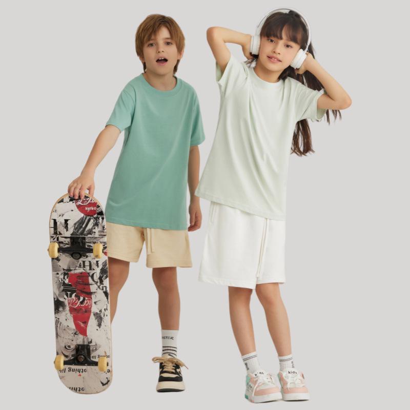 LVLV Kids' Ice Cool Combed Cotton Crew Neck T-Shirt, Short Sleeve, Parent-Child Design with Printed Logo for Boys and Girls.