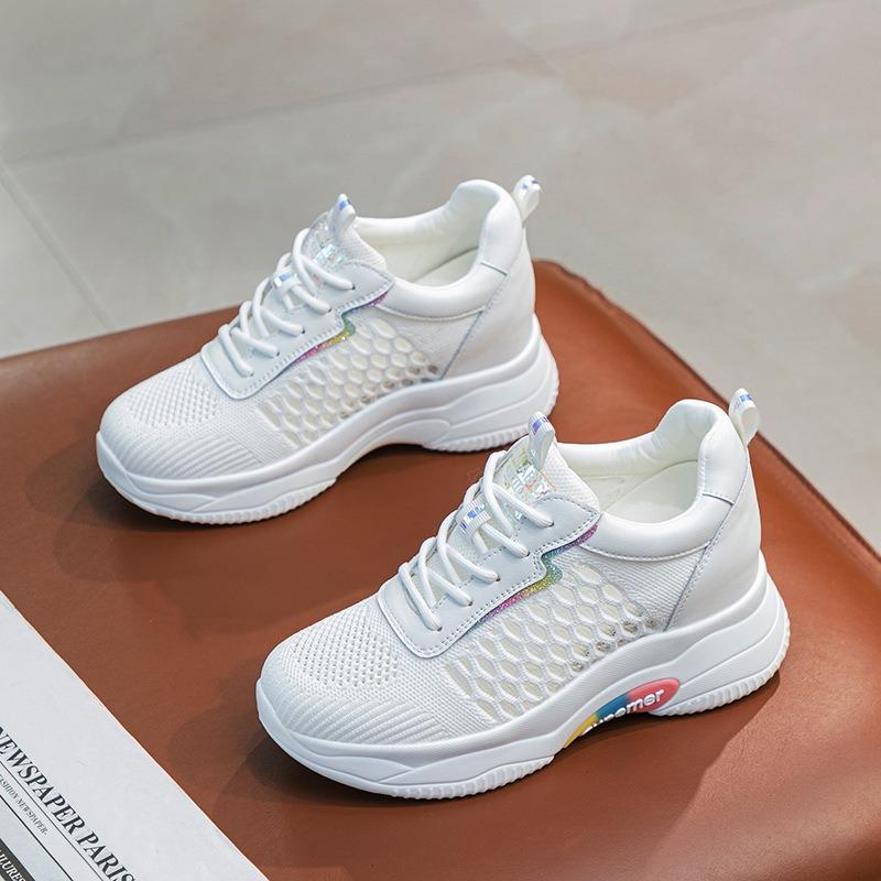 Spring new slope heel muffin platform casual shoes inner height increase women's shoes small white shoes flying woven breathable