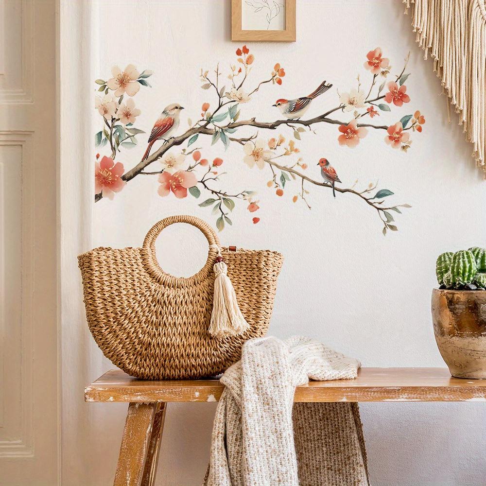 1pc Floral Bird Wall Decal - Removable PVC Sticker with Vibrant Flowers & Birds on Branches, Self-Adhesive Home Decor for Living Room, Bedroom