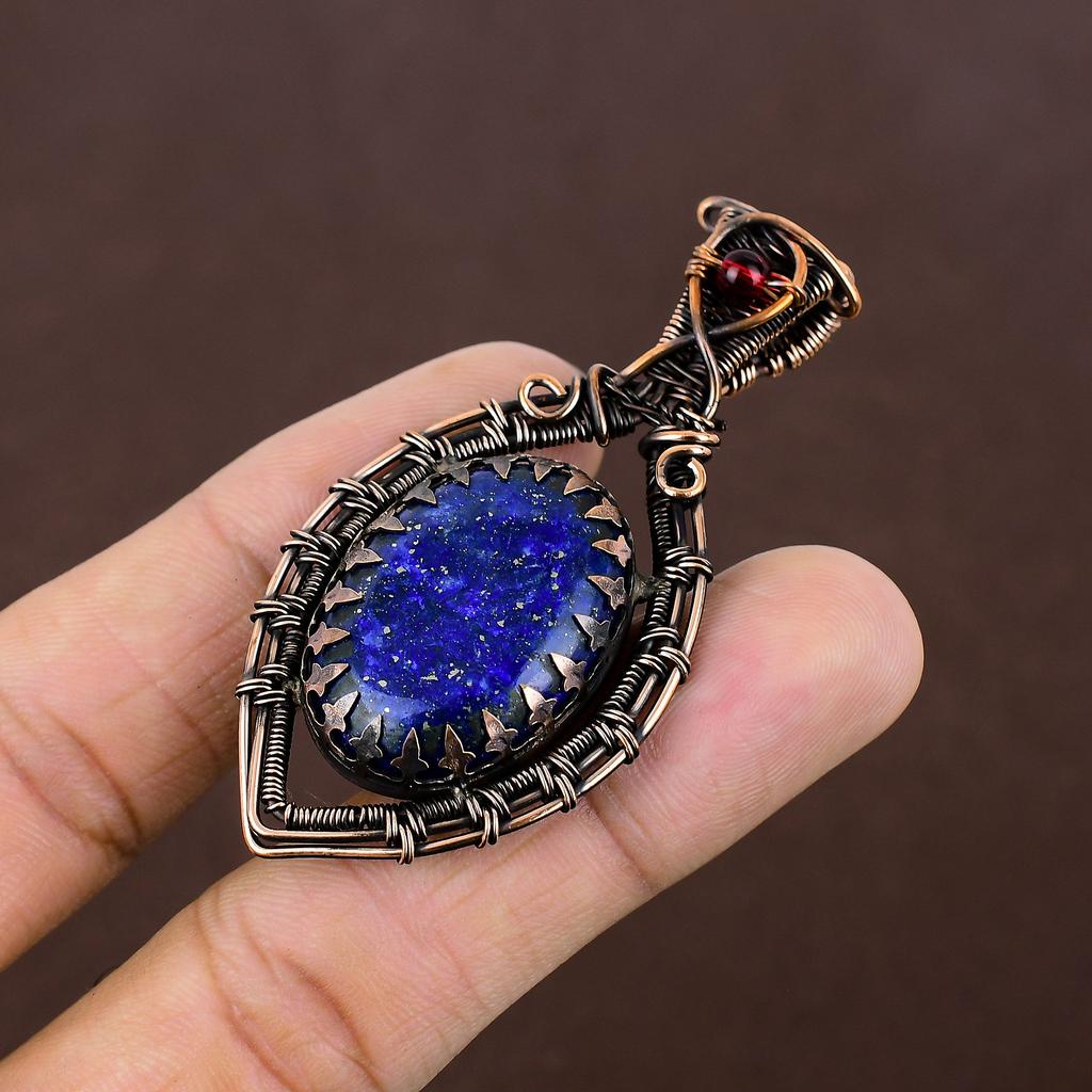Natural Lapis Lazuli,Garnet Stone Handmade Copper Wire Wrap Pendant 2.56" I2Y10