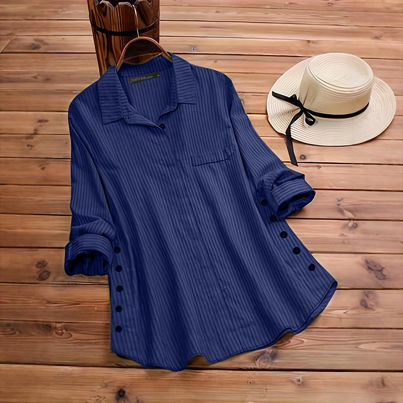 ZANZEA Women Turn Down Collar Loose Casual 3/4 Sleeve Stripe Blouse