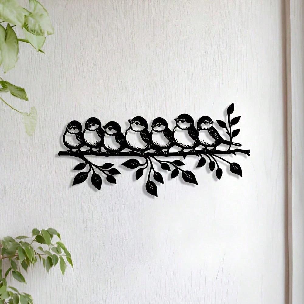 1 PC Black Iron Seven Little Cute Birds On Branch Minimalist Metal Wall Art - Modern Home Decor For Bedroom, Living Room, Or Bathroom.