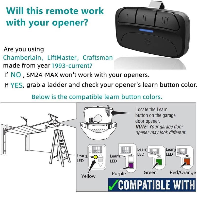 315-390MHz Garage Door Opener with Yellow/Red Learning Button, 893MAX Compatible