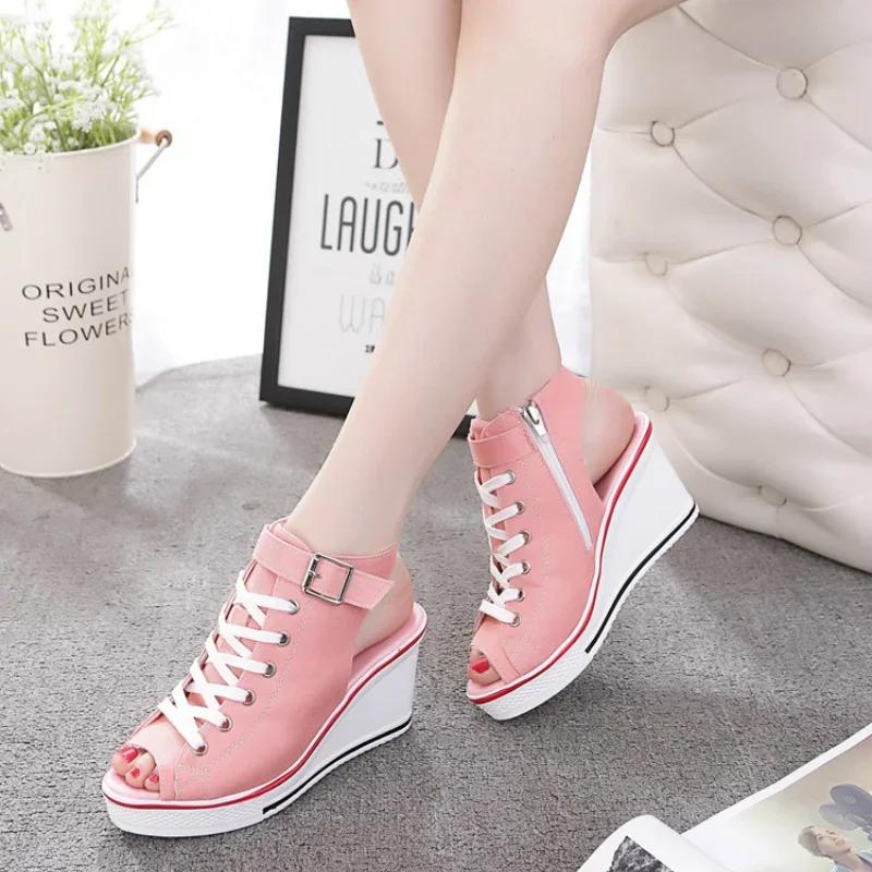 Fashion New Spring Summer Women's High Wedge Canvas Fish Mouth Shoes Korean Version of The Slope Open Toe Hollow Lace Up Canvas Shoes
