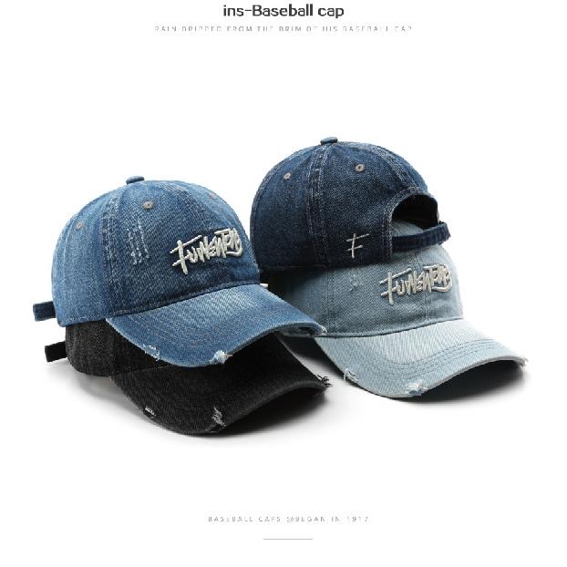 Retro washed denim baseball cap with letter embroidery, suitable for outdoor activities, travel, and sun protection