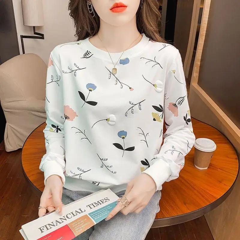 Sweatshirt New Thin Loose Long Sleeve T-Shirt Stylish Print Top Spring Autumn Round Collar Women's Cotton