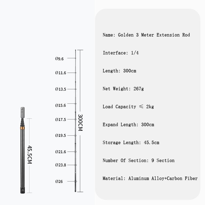 For Insta360 X5 X4 X3 X2 3m Long Carbon Fiber Extended Selfie Stick Scalable Monopod Stick Tripod for GoPro DJI Action Camera 7