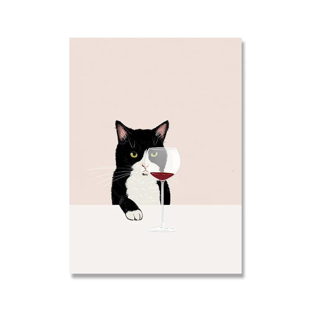 Funny Cat Poster White Cats Taste Red Wine Canvas Painting Cat Lover Gifts Kitchen Wall Art Pictures for Living Room Home Decor