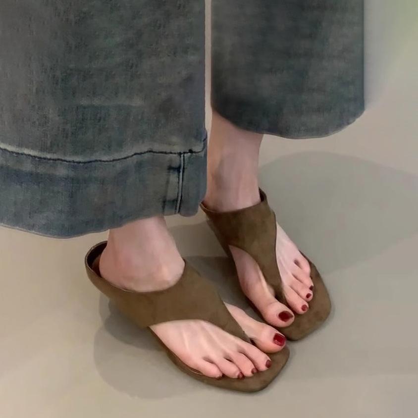 2025 summer wear retro high heels women's head open-toed sandals simple temperament thin heel flip-flops shoes