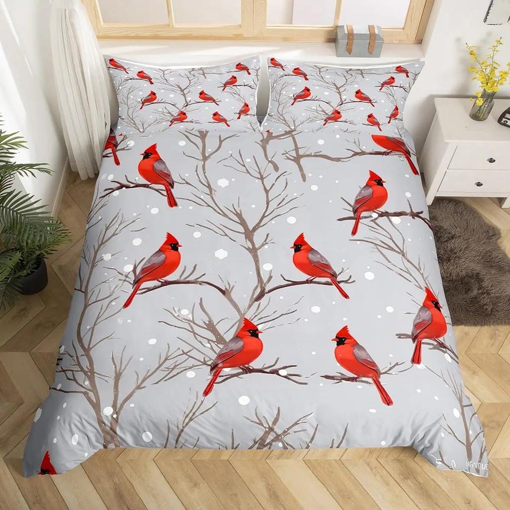 Ložní souprava Red Cardinals King Queen Size Akvarelové šišky Přikrývka Roztomilí ptáčci Povlak na přikrývku Romantická láska Povlak na prošívanou deku