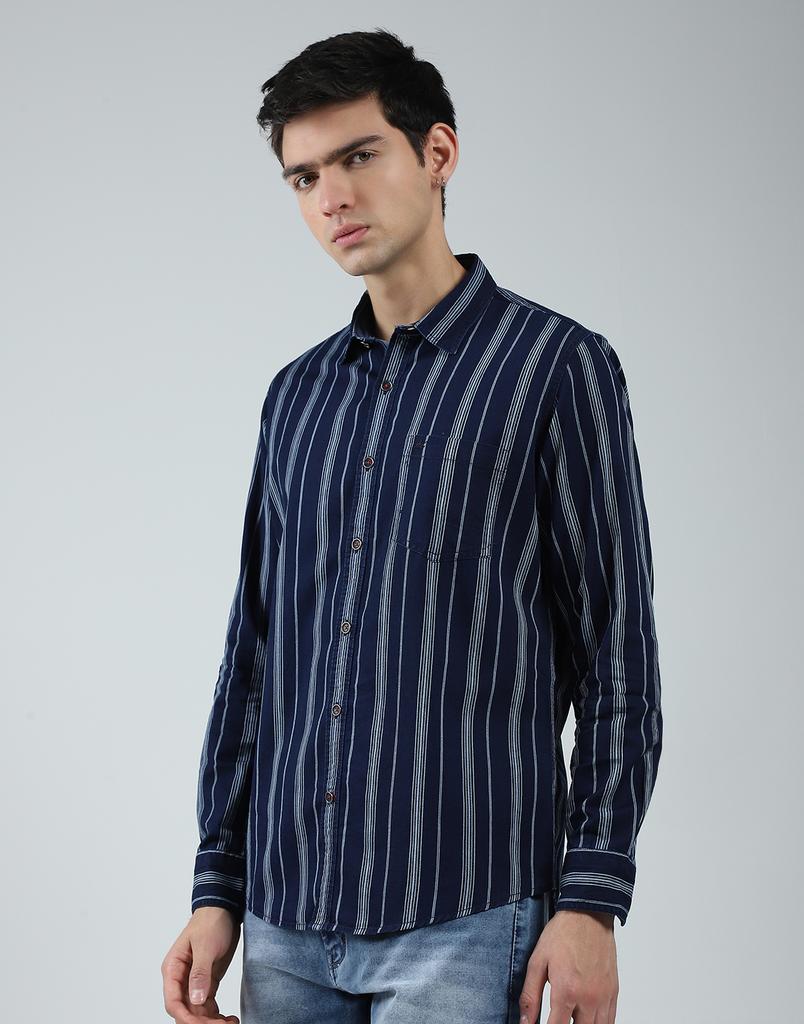 MONTE CARLO Mens Striped Navy Blue Collar Neck Full Sleeve Shirt