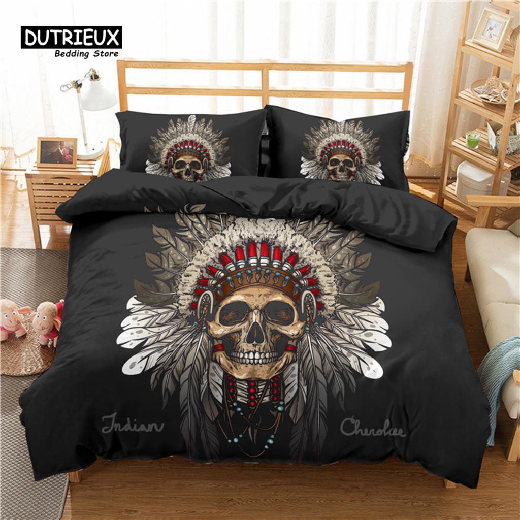 Red Rose Skull Floral Bedding Set Skeleton Flowers Green Leaves Print Duvet Cover Horror Theme Comforter Cover With Pillowcases