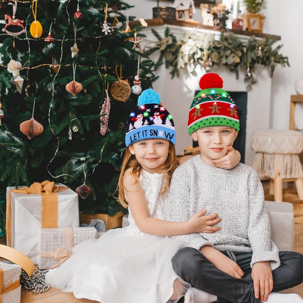 Flashing LED Christmas Beanie Knit Hat Winter Snow Cap Light Up Knitted Cap Holiday Party Favors for Adults
