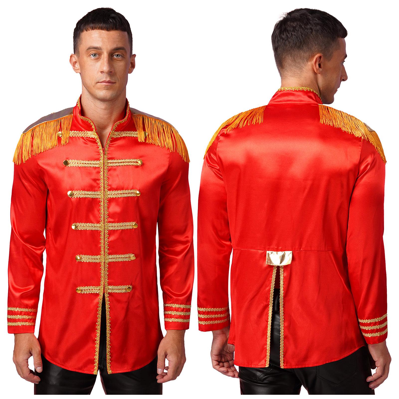 

Men s Halloween SGT Sergeant Pepper Costume Jacket Marching Band Rock Man 60s Satin Cardigan Coat S красный