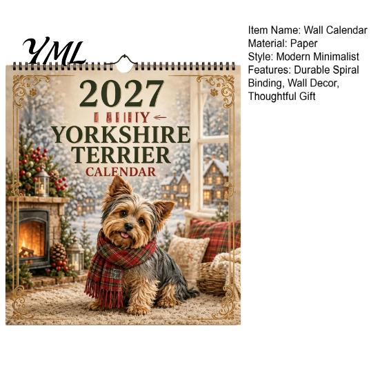 Heim Wanddekoration Yorkshire Terrier Kalender, 2027 Monats-Hängeplaner mit Metall Familienorganizer Doppelspirale für Büroorganisation