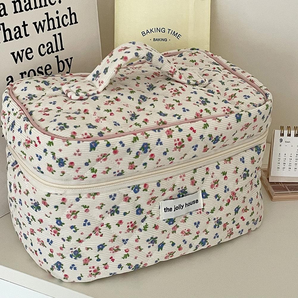 Floral Corduroy Toiletry Bag with Zipper Makeup Organizer Storage Bag Cute Cosmetic Organizer Case for Women Girls
