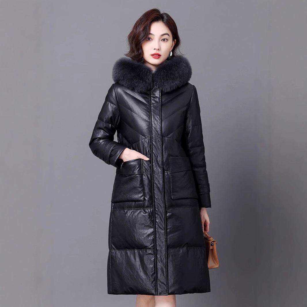

Women s Genuine Sheepskin Leather Long Down Coat 2024, Casual Winter Jacket with 90% White Duck Down. XL