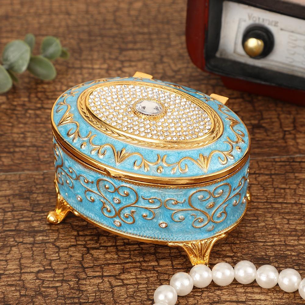 European Style Mini Jewelry Storage Box Organizer Portable Ellipsoid Inlaid Gem Alloy Necklace Ring Storage Dresser Display Case