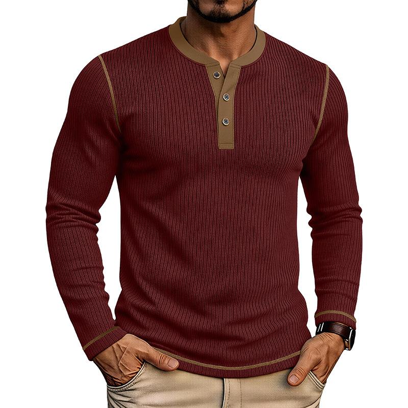 Men's Henry Neck Knit Long Sleeve T-Shirts Color Block Ribbed Casual Slim Fit Pullover Tops Autumn Winter Thermal Undershirts Men