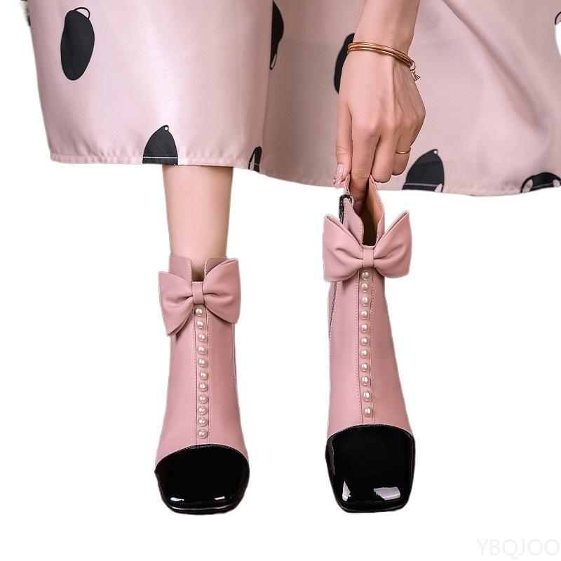 winter Thick heeled square toe side zipper short boots with butterfly bow anti slip warm temperament versatile women's shoes