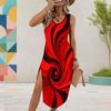 Women Plus Size U Neck Sleeveless Abstract Printed Dress Red Black High Side Slit Curved Hem