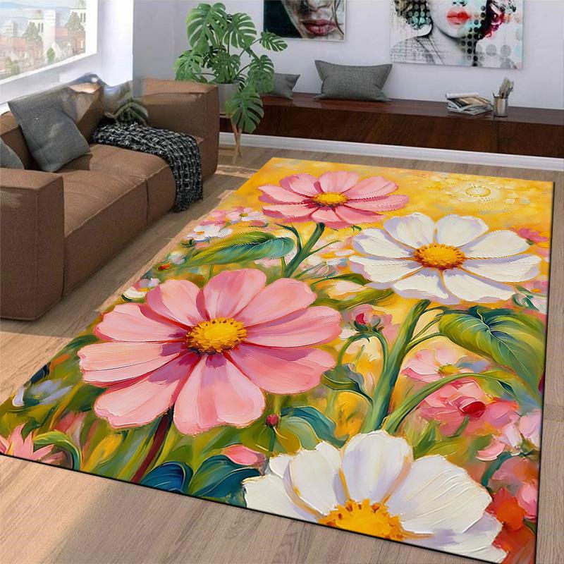 Colorful Floral Pattern Carpet with Pink and White Blossoms Design Suitable for use as an anti-slip for living room bedroom sofas