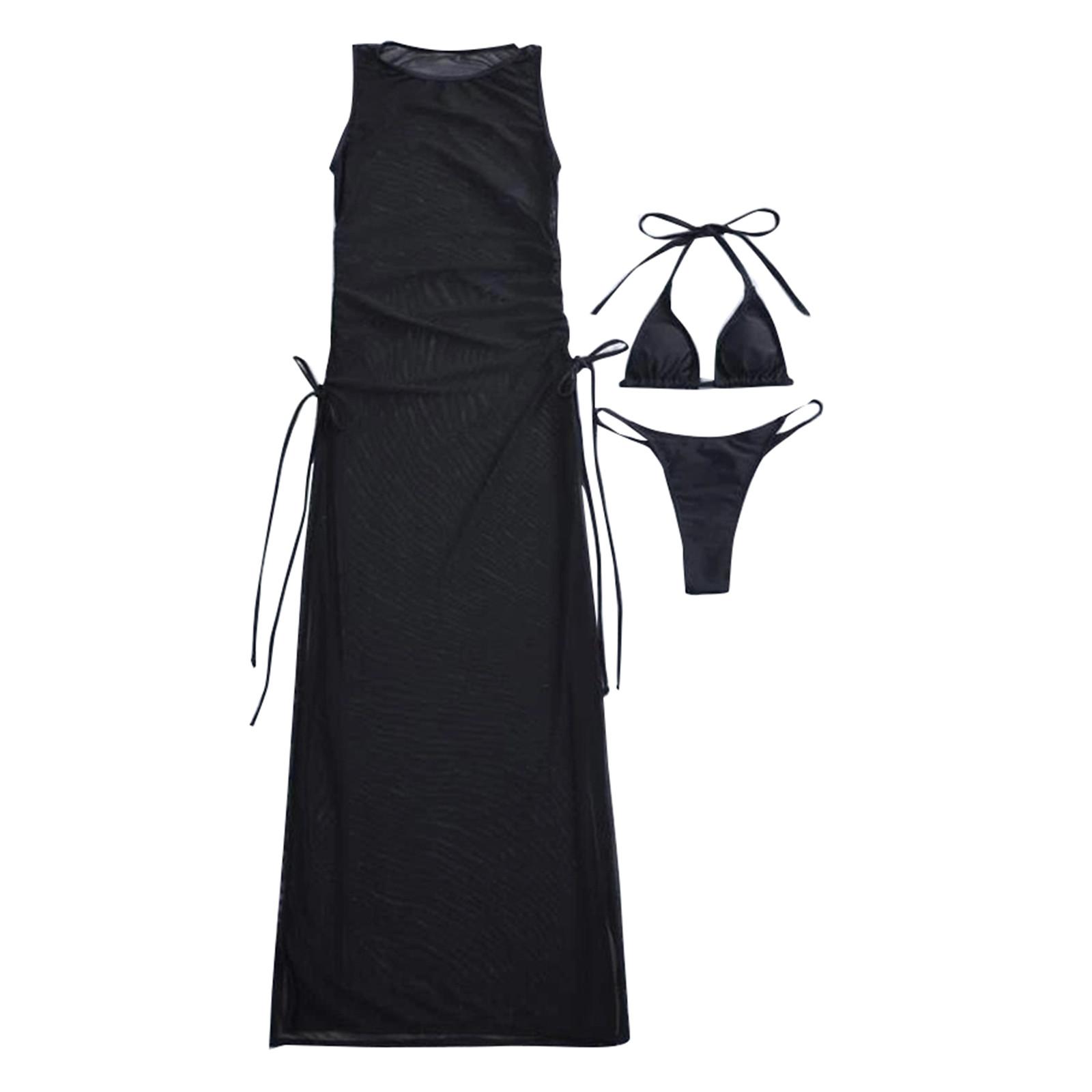 

Women s Summer Fashion Sexy Color Waist Bikini Long Mesh Lace-up Three-pieces Swimsuit XL чёрный