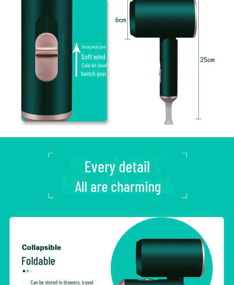 Portable Foldable Hair Dryer: Silent, High-Power, Negative Ion Technology for Gentle Home & Dormitory Use.