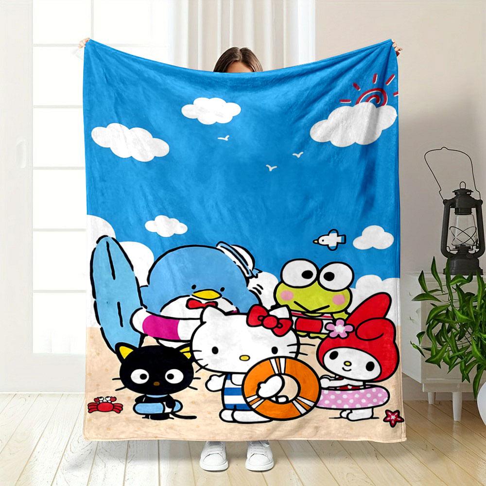 Cartoon Characters In a Beach Setting Under a Sunny, Cloudy Sky. for All Seasons Blanket Lunch Break Throw Gift 75X95CM