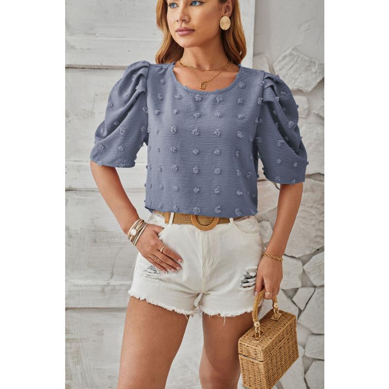 Letní dámské tričko Tkaný žakár Vlasová bambulka Krátký rukáv Čtvercový výstřih Top z řady