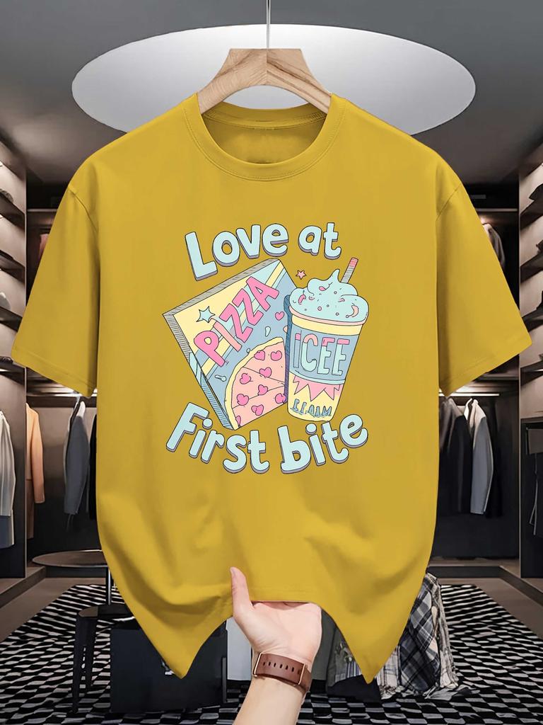 Unisex Crew Neck Tee Pizza Ice Cream Cute Snack Letter Art Print Soft Cotton Loose Short Sleeve Summer Casual Male Streetwear Tops