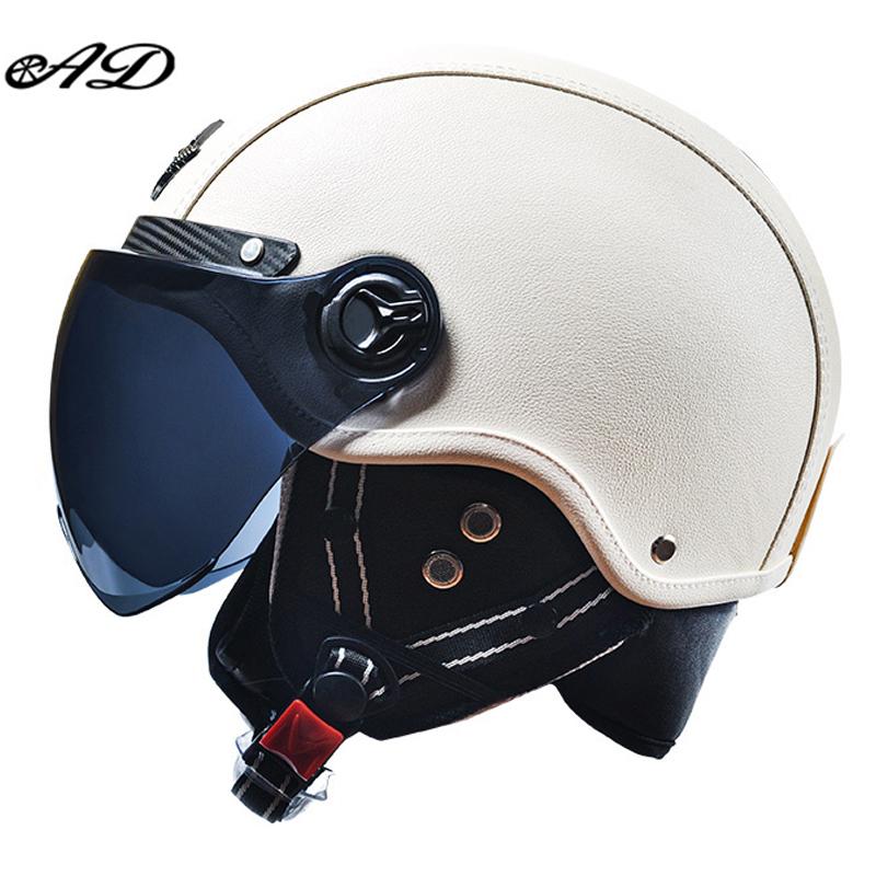 AD Retro Motorcycle Helmets with Harley Visor Leather Helmet for Man Electric Motorbike Vintage Protected Motor Safety Cap