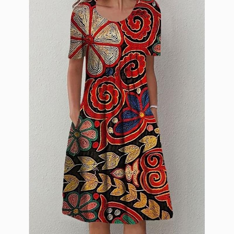 Spring Summer Floral Print Plus Size Casual Dress for Women Elegant A Line Loose Long Dress Female Pocket Round Neck Dresses 24063