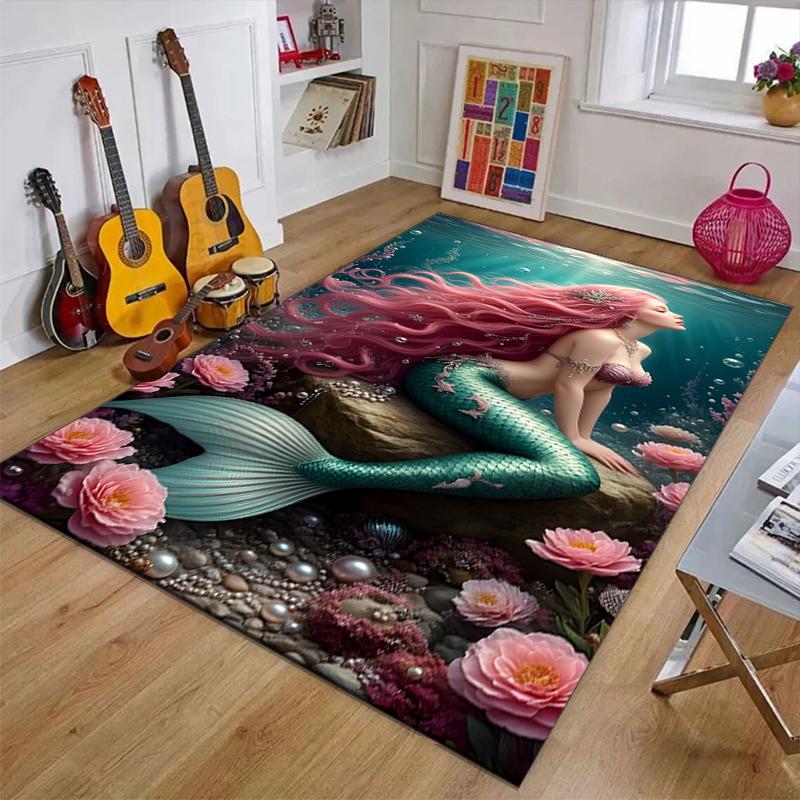 Mermaid Polyester Carpet, Soft Indoor Mat for Office Chair, Living Room, Computer Desk - Decorative Home Office Rug Design