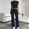 2025 Spring Women Solid Short Sleeve Crop T-Shirt & Drawstring Flared Pants 2 Piece Casual Loungewear Set